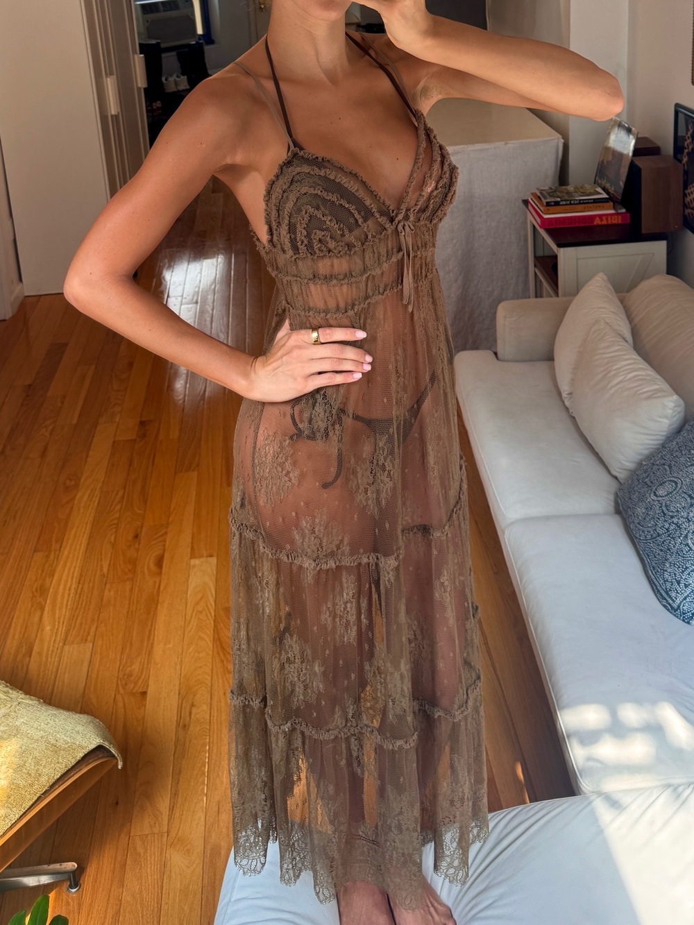LA PERLA Sheer Brown Lace Maxi Dress